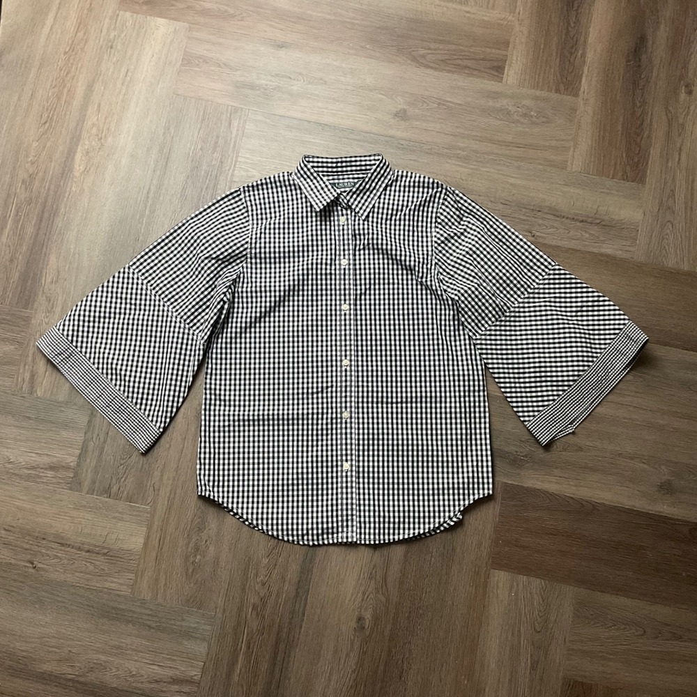 Lauren Ralph Lauren Gingham 3/4 Bell Sleeve Shirt Womens Medium Black White - Picture 3 of 10